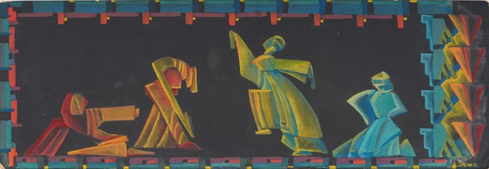 Vintage American Futurist Signed "Sears" Portrait Original Mixed Media Painting