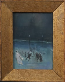 Antique American Ashcan School WPA Winter Skating Central Park Framed Original Painting