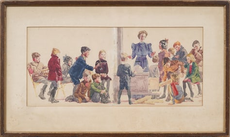 Antique American School Impressionist School Classroom Illustration Original Signed Painting