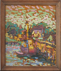 Antique American School Pointillist Seascape Framed Impressionist Original Oil Painting