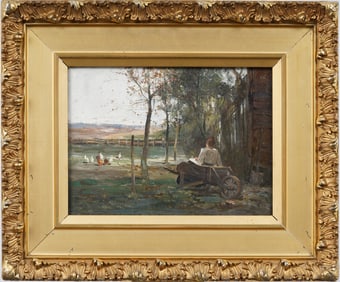 Charles Paul Gruppe (1860 - 1940) Signed American Impressionist Farm Scene Framed Oil Painting