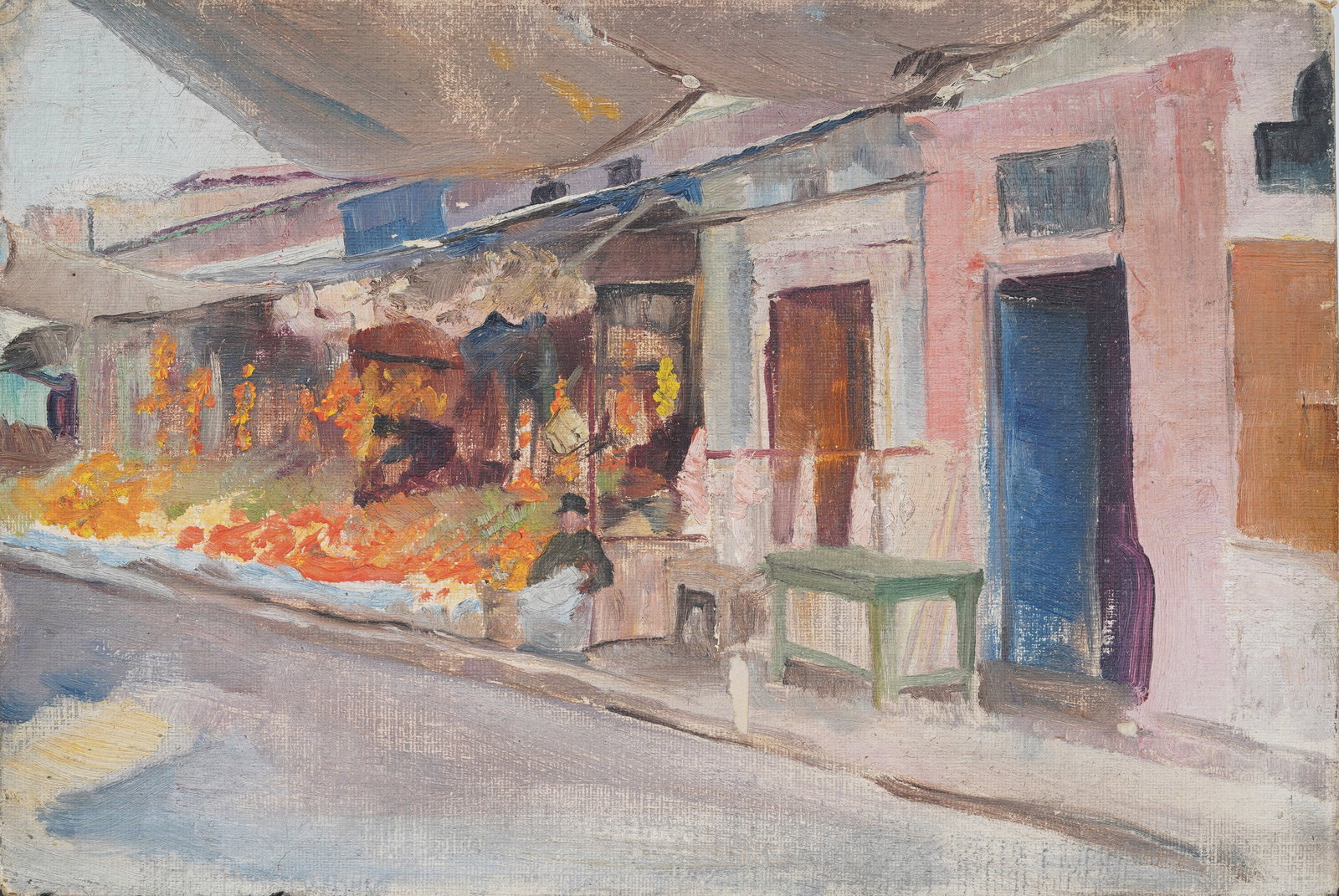 Antique English Impressionist Market Street Scene Original Oil Painting: Antique English impressionist street scene oil painting . Oil on canvasbaord. Measuring: 8 by 12 inches overall. Please see all images for condition. Size is measured and written on the back of the pa