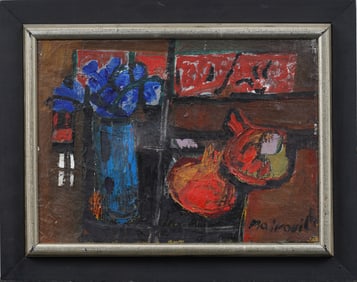 Zvi Mairovich (1911 - 1974) Vintage Polist Modernist Pomegranate Fruit Still Life Oil Painting