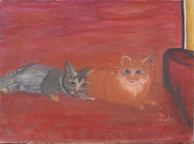 Vintage American Folk Art Kitten Portrait Original Oil Painting