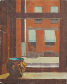 Vintage American Modernist Interior Scene Trompe L'Oeil Window View Original Oil Painting