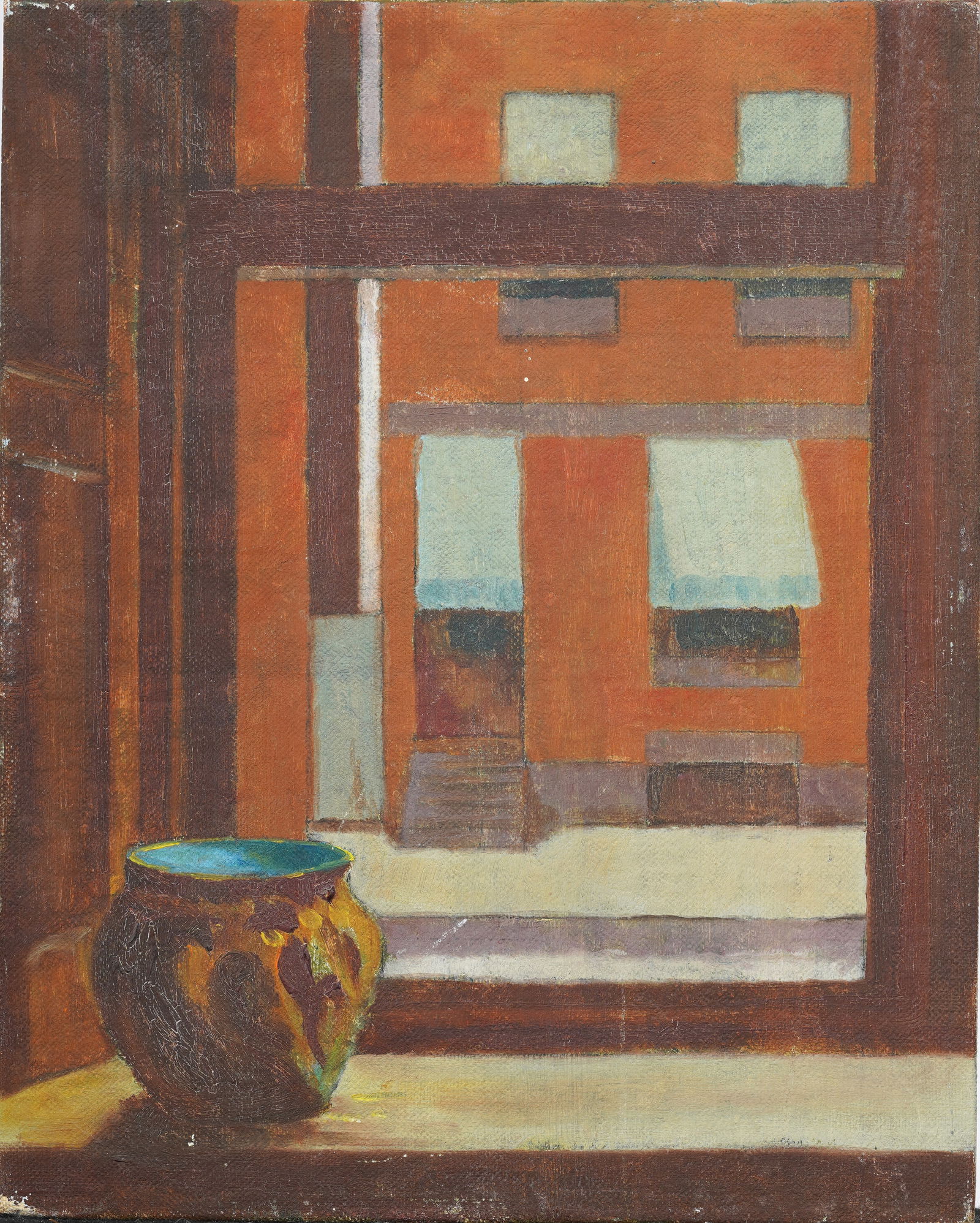 Vintage American Modernist Interior Scene Trompe L'Oeil Window View Original Oil Painting (1 of 5)