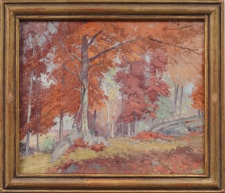 Antique American Impressionist Fall Landscape Framed Original Oil Painting