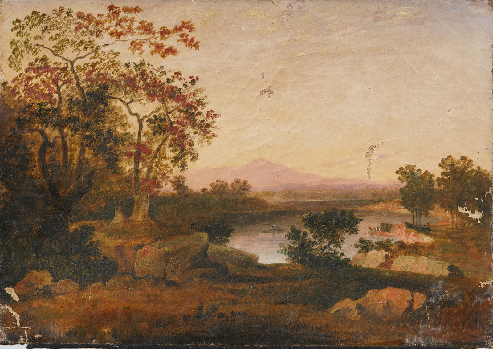 Antique American Hudson River School Mountain Landscape Sunset Early Original Oil Painting (1 of 6)