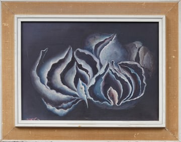 Vintage Israeli Modernist Abstract Erotic Flower Still Life Signed Framed Oil Painting