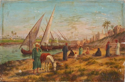Antique Signed Orientalist Egyptian Nile River Signed Detailed Figural Oil Painting