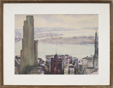 Interesting Birds Eye View New York Cityscape Framed Original Modernist Painting