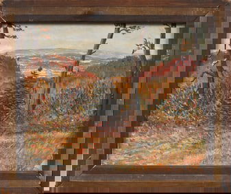 Antique American Signed Disney Framed Modernist Landscape Oil Painting