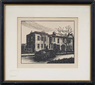 Vintage Woodblock Framed Street Scene Modernist Print