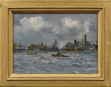 Antique American School Ashcan New York City Harbor Framed Cityscape Oil Painting
