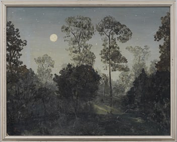 Antique American School Moonlit Nocturnal Star Lit Night Landscape Original Oil Painting