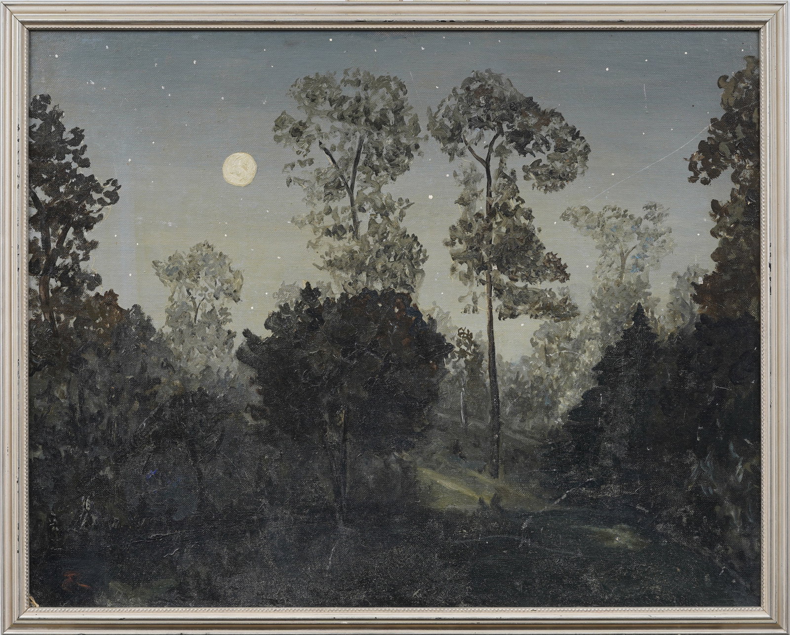 Antique American School Moonlit Nocturnal Star Lit Night Landscape Original Oil Painting (1 of 6)