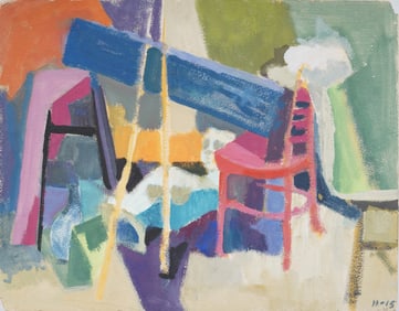 Vintage American Modernist Interior Scene Still Life Original Oil Painting