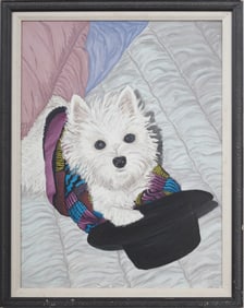 Vintage American School Realist Westie Dog Terrier Portrait Framed Original Oil Painting