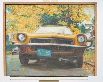 Vintage Signed American School Modernist Vintage Car Street Scene Framed Original Oil Painting