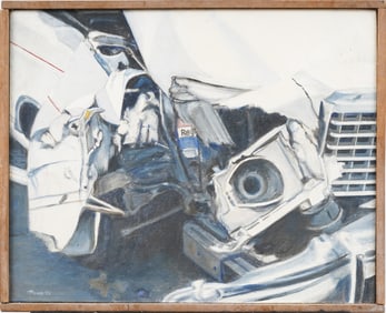 Vintage Signed American School Modernist Vintage Car Street Scene Framed Original Oil Painting