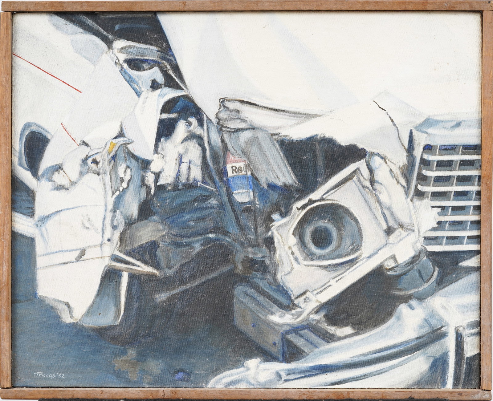Vintage Signed American School Modernist Vintage Car Street Scene Framed Original Oil Painting: Vintage American modernist oil painting. Oil on canvas. Signed. Framed. Measuring: 17 by 21 inches overall, and 16 by 20 painting alone.Please see all images for condition. Size is measured and writte
