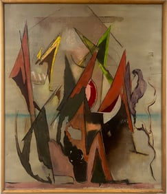 Vintage American School Surrealist Abstract Framed Signed Mid Century Modern Original Oil Painting