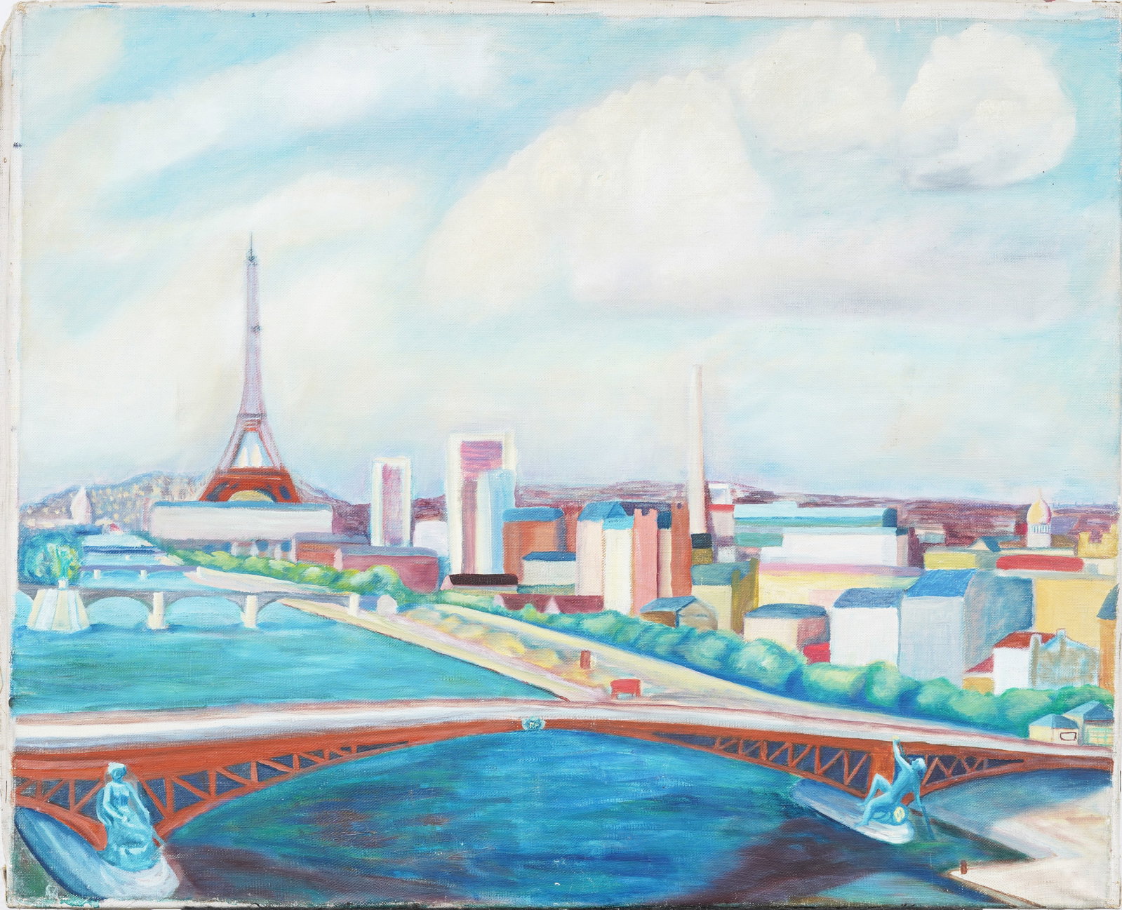 Vintage Paris Cityscape European Modernist Original Oil Painting: Vintage French modern oil painting. Oil on canvas. Measuring: 20 by 24 inches overall. Please see all images for condition. Size is measured and written on the back of the painting. The first size is 