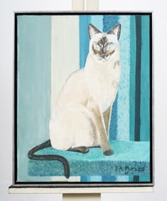 Vintage Signed American School Cat Portrait Framed Original Oil Painting