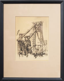Signed 1930 George Washington Bridge New York Cityscape Antique American Original Drawing