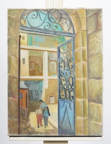 Vintage American or European School Modernist Courtyard Scene Original Oil Painting