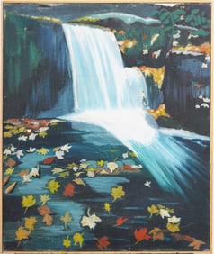 Vintage Signed Woman Artist Modernist Fall Waterfall Landscape American Original Oil Painting