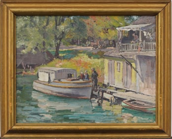 Antique American Impressionist River Boat Framed Original Oil Painting