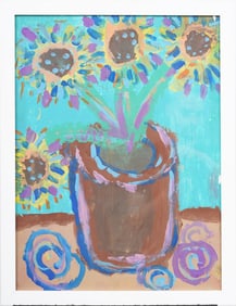 Vintage American Sunflower Still Life Framed Modernist Abstract Original Oil Painting