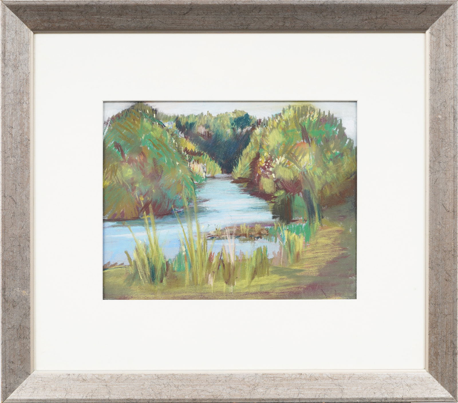 Vintage American Modernist Pastel Landscape Original Framed Signed Painting: Vintage American modernist pastel painting. Signed. Framed. Measuring: 18 by 20 inches overall, and 9 by 11.25 painting alone. Please see all images for condition. Size is measured and written on the