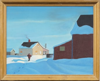 Vintage American Modernist Winter Snow Landscape Original Oil Painting Style of Dale Nichols