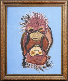 Monkey in the Mirror Vintage Framed Animal Portrait Painting