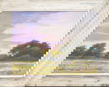 Louis Absolon Vintage American Modernist Sunset Landscape Framed Oil Painting