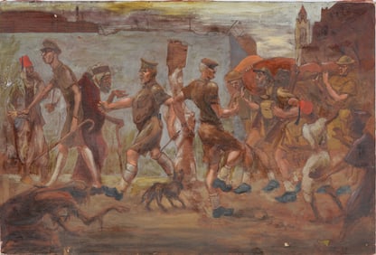 Antique American School Ashcan Modernist Army Parade Original Oil Painting