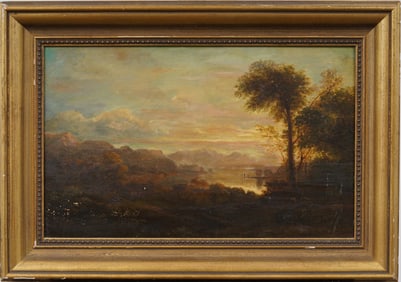 Antique American Hudson River School Sunset Landscape Early Rare Framed Original Oil Painting