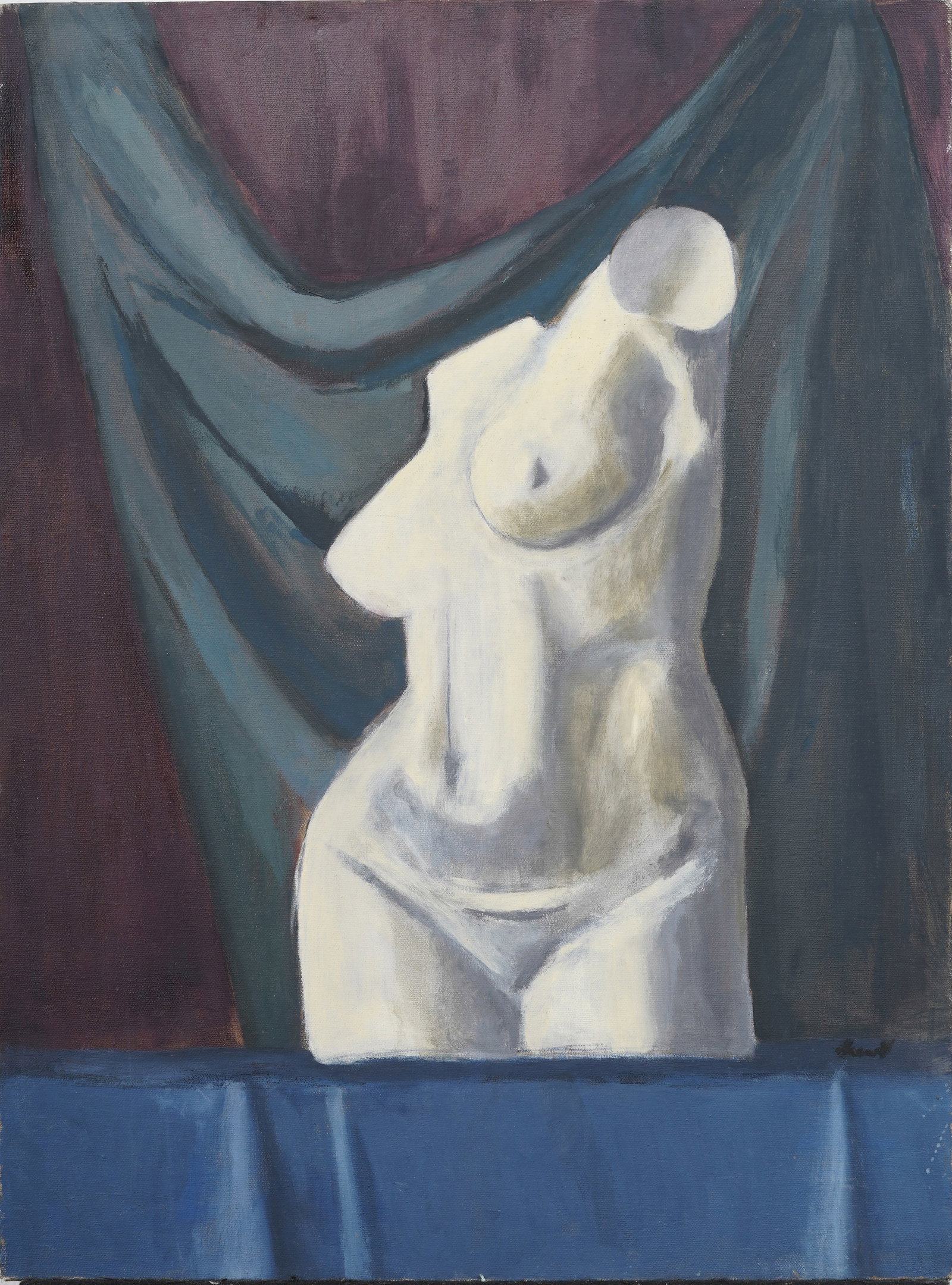 Signed Contemporary Nude Marble Bust Still Life Interior Scene American Original Oil Painting: Contemporar yAmerican oil painting. Oil on canvas. Signed. Measuring: 24 by 18 inches overall. Please see all images for condition. Size is measured and written on the back of the painting. The first 