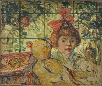 Antique Important American Impressionist Monogrammed Portrait Interior Scene Original Oil Painting