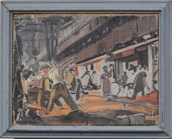 Antique American Ashcan School Factory Scene Framed Modernist Original Oil Painting