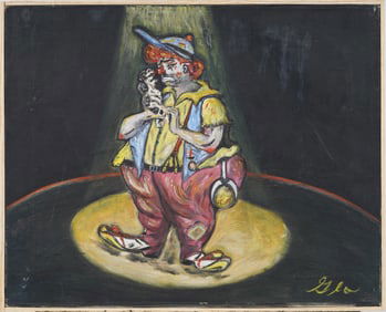Interesting Sad Clown and Puppy Portrait Framed Signed Modernist Oil Painting