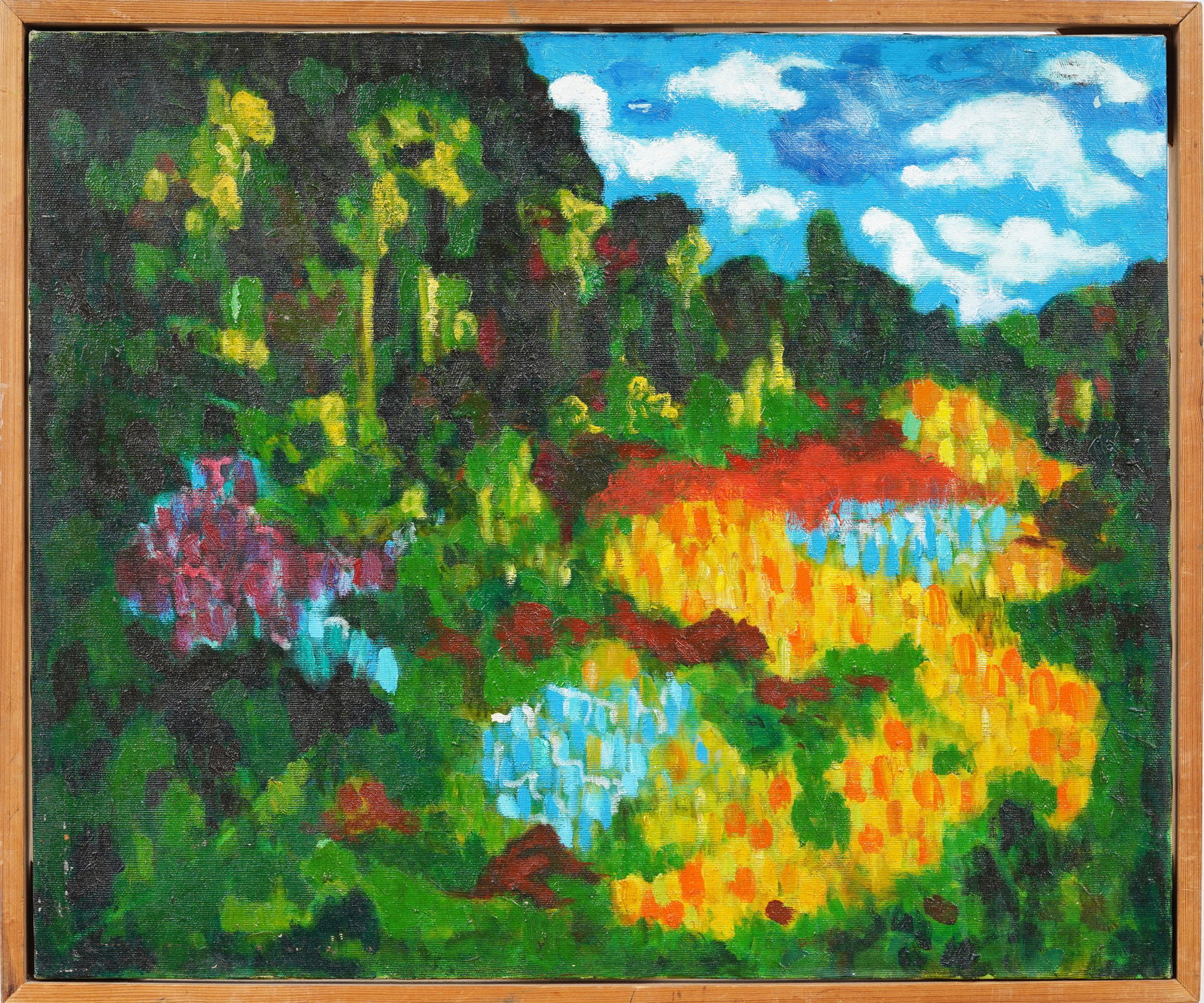 Vintage American Modernist Framed Landscape Original Oil Painting: Antique American modernist landscape oil painting. Oil on canvas. Signed. Framed. Measuring: 22 by 26 inches overall, and 20 by 24 painting alone. Please see all images for condition. Size is measured