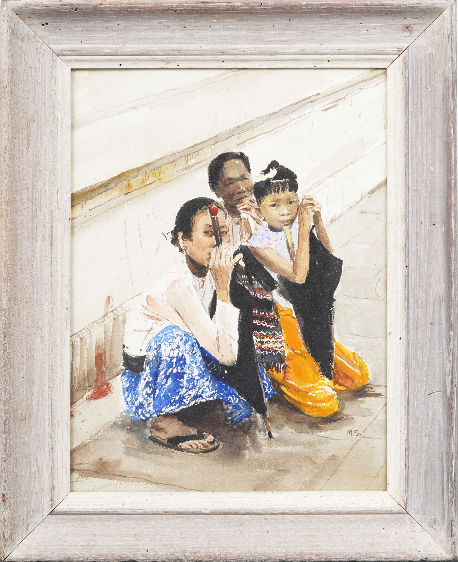 Vintage Signed Asian Modernist Portrait Original Painting: Vintage Asian portrait painting. Watercolor on paper. Signed. Framed. Measuring: 21 by 17 inches overall, and 20 by 16 painting alone. Please see all images for condition. Size is measured and written