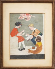 Antique American School Illustration Framed Portrait Original Painting