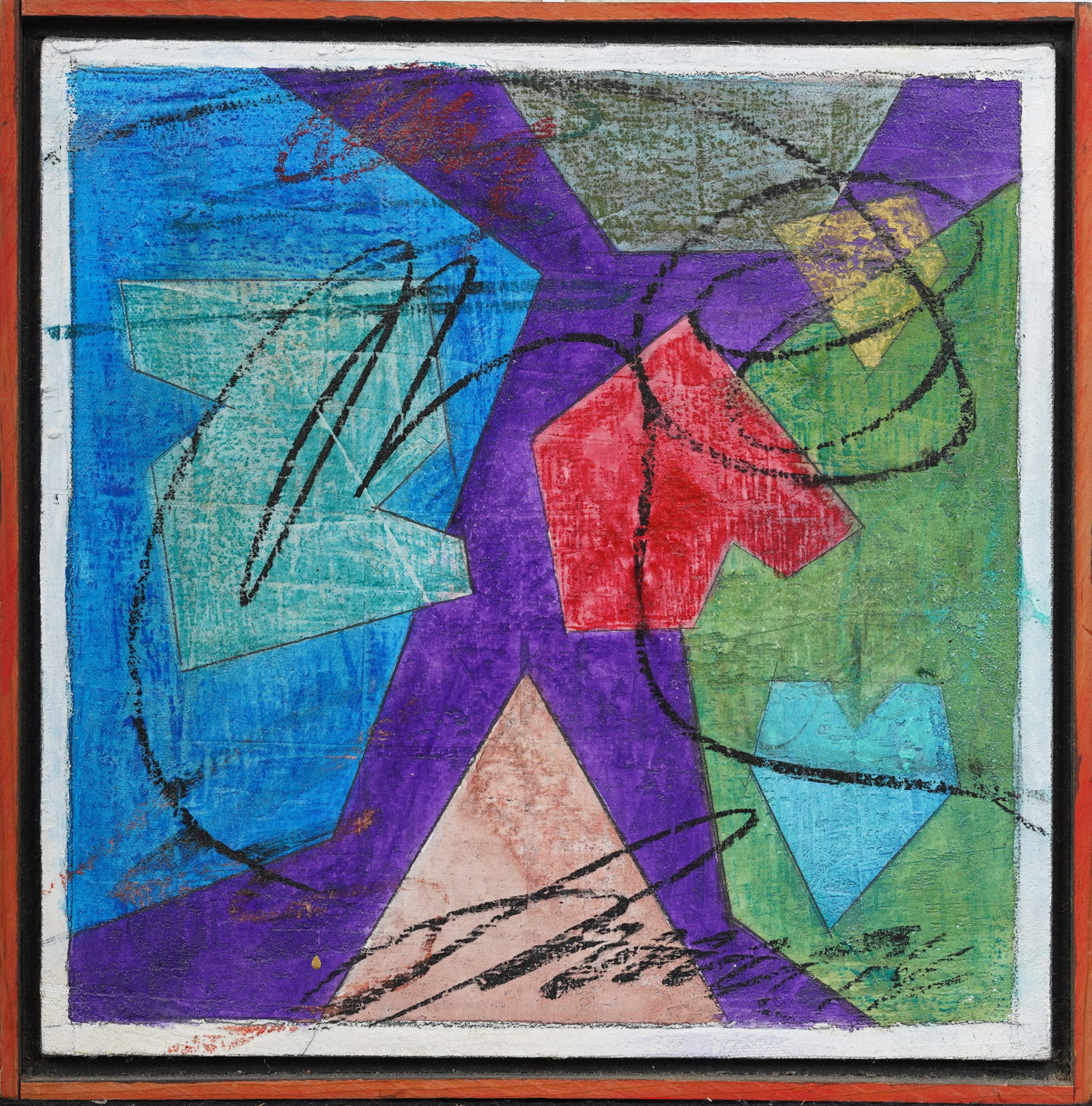 Vintage American Abstract Expressionist Framed Original Oil Painting: Vintage American abstract oil painting. Oil on canvas. Signed verso to label. Framed. Measuring: 13 by 13 inches overall, and 12 by 12 painting alone. Please see all images for condition. Size is meas