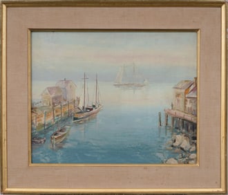 Signed Antique or Vintage American New England Harbor Framed Original Impressionist Oil Painting