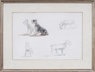 Vintage American Impressionist Dog Portrait Studies Framed Original Mixed Media Painting