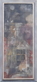 Large Vintage American School Modernist Trompe L'Oeil Abstract Street Scene Original Oil Painting